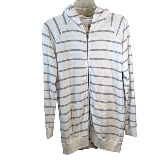 CHASER White Grey Stripes Full Zip Hoodie Sweatshirt S - Picture 1 of 7